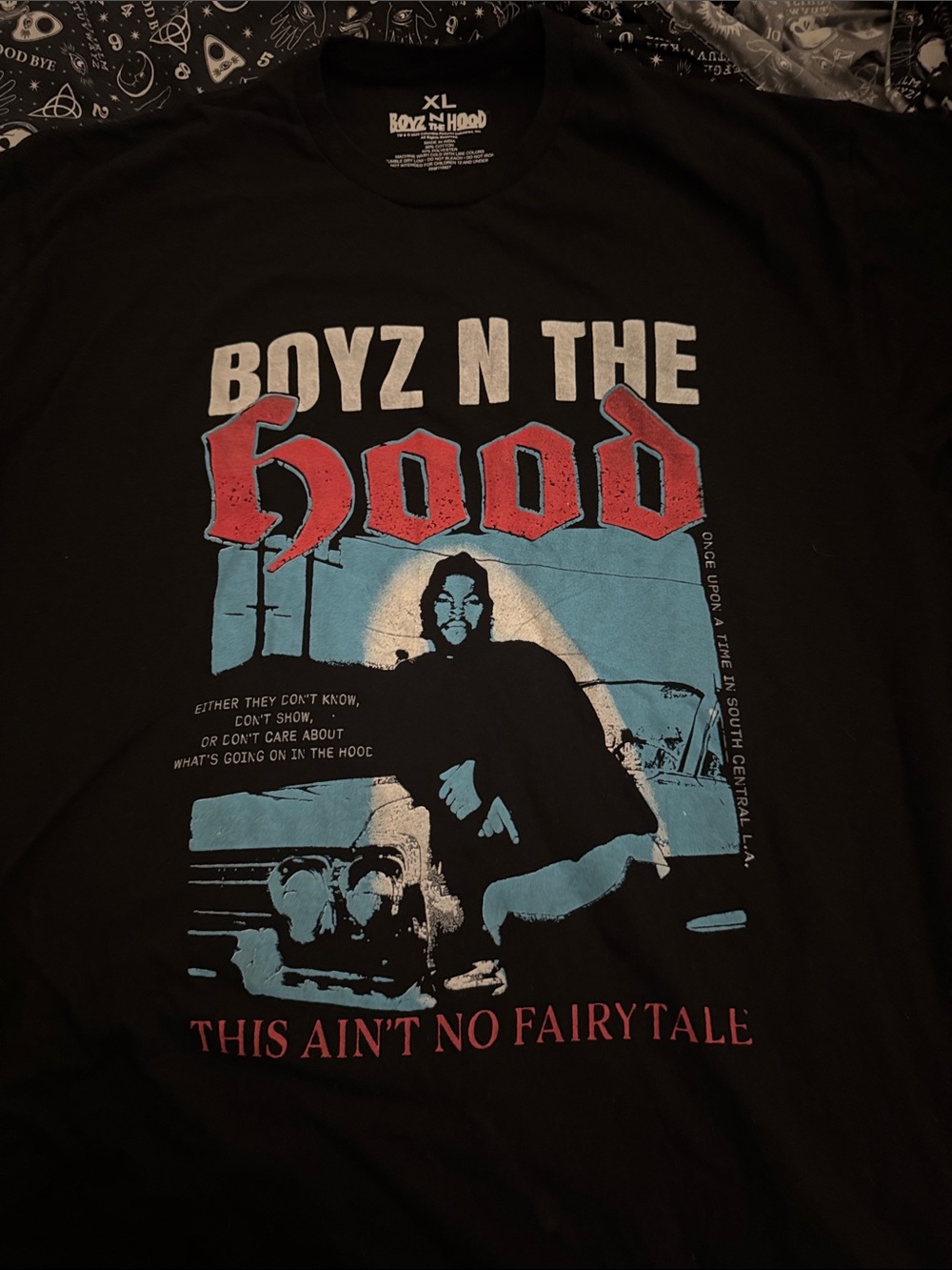 Boyz N The Hood Graphic Short Sleeve Tee - Black with Red & Blue Print